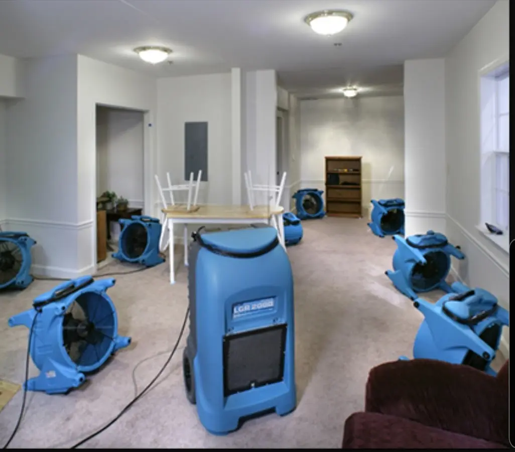 Air movers and dehumidifier setup for Water Extraction & Removal in Derry